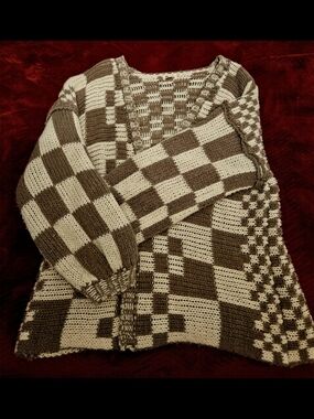 Chunky Checkerboard Knit Sweater in Brown and Cream - Women's